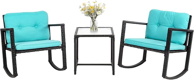 3 Pieces Rocking Bistro Set Outdoor Conversation Sets Rattan Patio Furniture Wicker Rocking Chairs with Blue Cushions and Glass Coffee Table for Balcony Poolside Garden Patio Porch Backyard