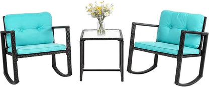 3 Pieces Rocking Bistro Set Outdoor Conversation Sets Rattan Patio Furniture Wicker Rocking Chairs with Blue Cushions and Glass Coffee Table for Balcony Poolside Garden Patio Porch Backyard
