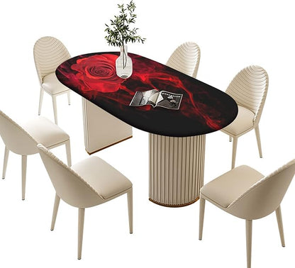 Valentine's Day Oval Fitted Polyester Tablecloth, Red Rose Pattern Elastic Edged Polyester Spill Proof Table Cover, Great for Home Kitchen/Parties/Holiday Dinner Party, Fit to 60" W x 84" L Table