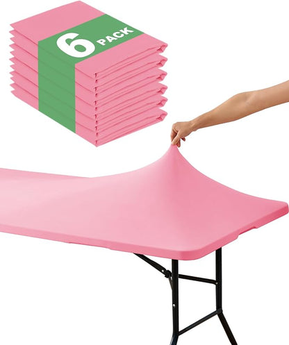 Fitted Tablecloth Rectangle Table Cloths with Elastic, 8 ft, Pink, 6 Pack | For Outdoor Picnic Camping Party 8 foot Folding Spandex Table Covers, Water-Resistant, Windproof, Reusable, 96"L x 30"W