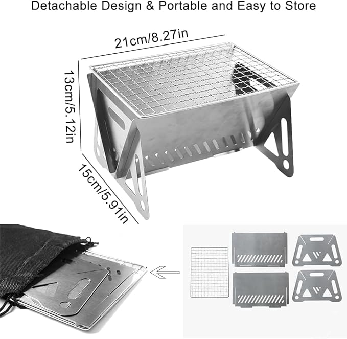 Mini Portable Charcoal Grills, Small Stainless Steel Camping BBQ Grill Detachable Design Fire Pit Grill with Carry Bag for Outdoor Cooking, Bonfire, Patio, Backyard