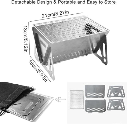 Mini Portable Charcoal Grills, Small Stainless Steel Camping BBQ Grill Detachable Design Fire Pit Grill with Carry Bag for Outdoor Cooking, Bonfire, Patio, Backyard