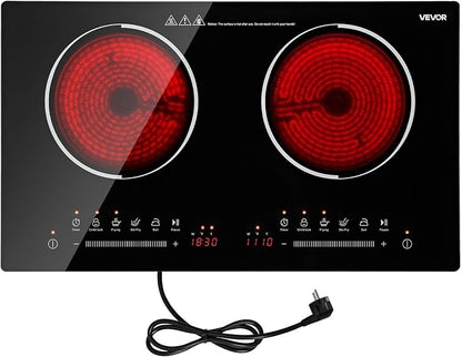 VEVOR Electric Cooktop 24inch 2 Burners Portable Stove Top 1800W 120V, Ceramic Countertop/Built-in Radiant Electric Stove, with 9 Power Levels, Timer, Child Lock, Over-Heat Guard, Touch Control