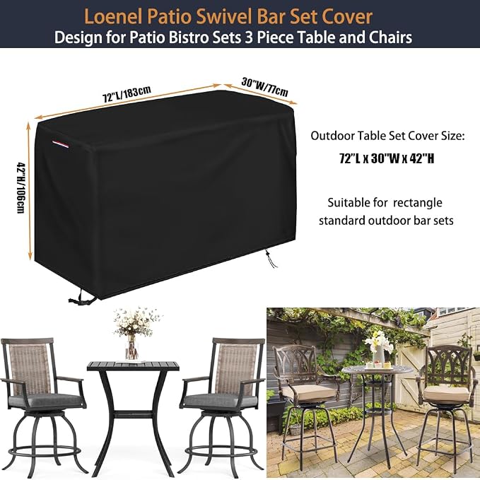 Patio Waterproof Bar Height Set Cover, 72"L x 30"W x 42"H | Outdoor Swivel Bar Set Cover for Patio Bistro Set of 3 Pieces/Outdoor High Top Table and Chairs with Handle, Drawstring