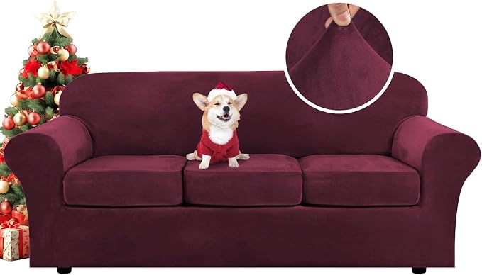 H.VERSAILTEX Modern Velvet Plush 4 Piece High Stretch Sofa Slipcover Sofa Cover Furniture Protector Form Fit Luxury Thick Velvet Sofa Cover for 3 Cushion Couch Width Up to 90 Inch(Sofa,Burgundy)