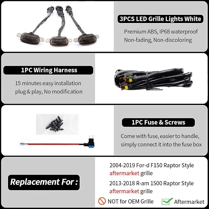 AUXLIGHT Car Accessories, 3PCS LED Grille Lights with Fuse & Wire, Compatible 2004-2019 for-d F150 Raptor Style Aftermarket Grill, 2013-2018 R-am 1500 Grill (White)