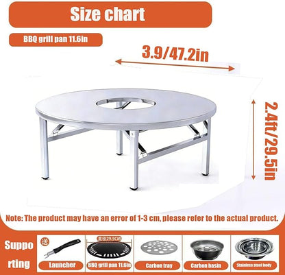 Embedded Stainless Steel Korean Charcoal BBQ Grill Foldable Outdoor Table, Outdoor Barbecue and hot Pot Easy Clean Multifunctional Design Patio Family Party & Restaurant,Circle 3.9ft