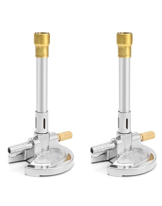 QWORK Lab Bunsen Burner for Natural Gas & Propane, 2 Pack Adjustable Lab Gas Burner with Needle Valve and Air Intake Regulator - Zinc Alloy Base and Copper Tube for Heating and Soldering