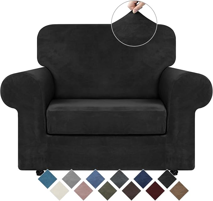WEERRW Velvet Stretch 2 Pieces Chair Sofa Slipcovers Washable, Black | Armchair Slipcovers Luxury Soft Velvet Plush Furniture Protector Couch Cover with Elastic Bottom for Kids Pets, Small