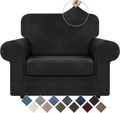 WEERRW Velvet Stretch 2 Pieces Chair Sofa Slipcovers Washable, Black | Armchair Slipcovers Luxury Soft Velvet Plush Furniture Protector Couch Cover with Elastic Bottom for Kids Pets, Small