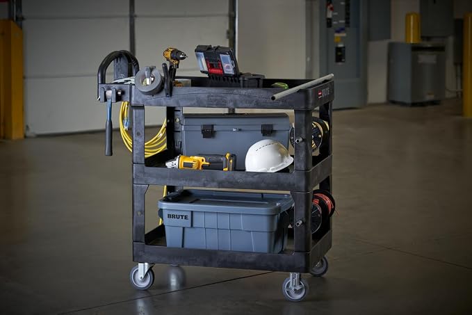 Rubbermaid Commercial Brute 3-Shelf Heavy-Duty Utility/Service Cart, Medium, High Storage, Lipped Shelves, Ergonomic Handle, 600 lb. Capacity, Ideal for Warehouse/Garage/Cleaning/Maintenance/Office