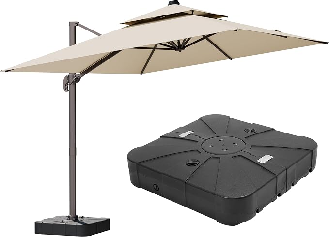 10x13FT Beige Cantilever Outdoor Patio Umbrella with Base, Large Rectangular Offset Design, Double Top Heavy Duty Aluminum Frame & 360° Rotation for Pool Garden Deck Backyard