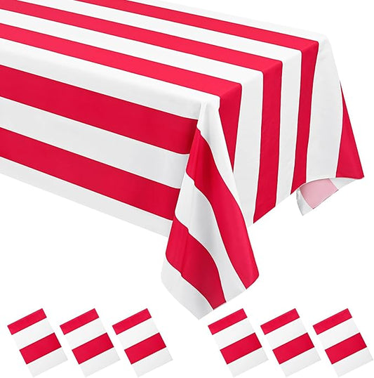 6 Pack Red and White Striped Tablecloth Rectangle 60x84inch Polyester Fabric Washable Table Cloth for Afternoon Tea Table Birthday Party Picnic Barbecue Gathering Indoor Outdoor Dining Decor
