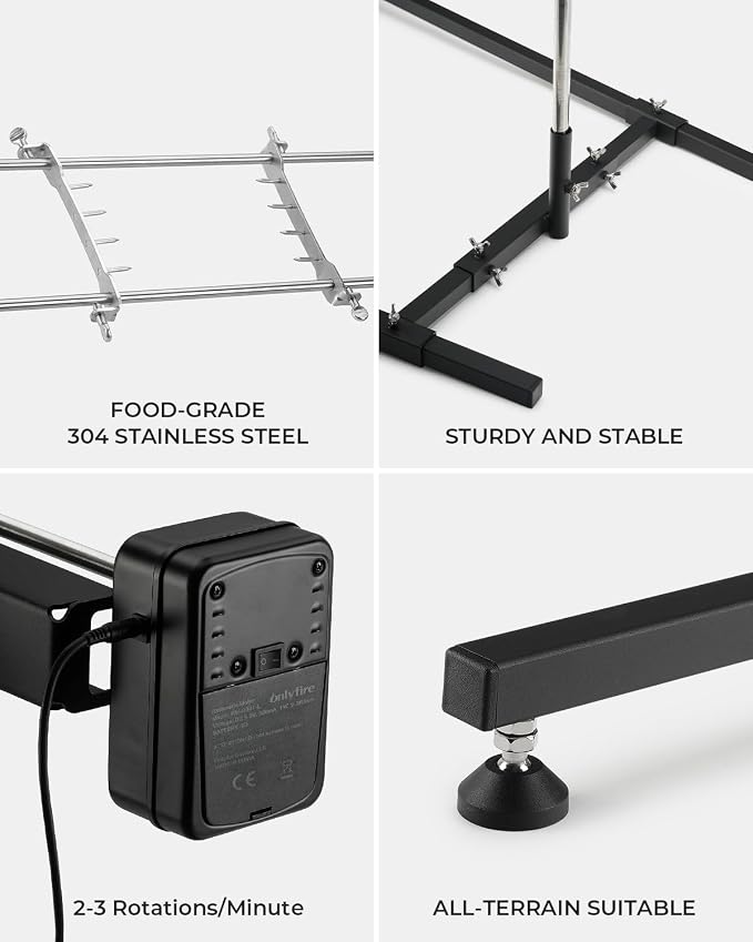 onlyfire Spit Rotisserie Kit with Stand, Open Flame Camping Grill for Outdoors, Cooking Over Any Grill or Fire - Include Motor, Power Adapter and USB Cable