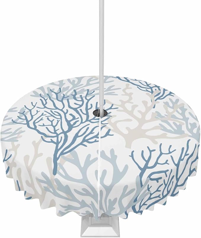 Blue Grey Coral Coastal Outdoor Tablecloth - 54 Inch Round Waterproof Dining Table Cover, Summer Beach Seaside Nautical Outdoor Table Cloth with Umbrella Hole & Zipper for Picnic/Patio