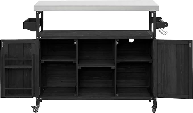 LUMISOL Outdoor Grill Table with Stainless Steel Top, Solid Wood Kitchen Island with Internal Storage Rack, Outdoor Storage Cabinet, Farmhouse Rolling Bar Cart with Spice & Towel Rack, Black
