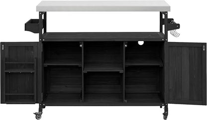 LUMISOL Outdoor Grill Table with Stainless Steel Top, Solid Wood Kitchen Island with Internal Storage Rack, Outdoor Storage Cabinet, Farmhouse Rolling Bar Cart with Spice & Towel Rack, Black