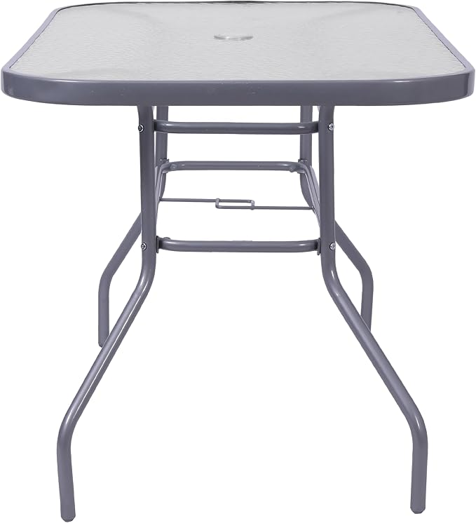 Flash Furniture Commercial 27.5x47.25 in Steel Patio Table, Silver | Tempered Glass Top with Umbrella Hole