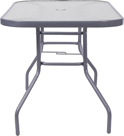 Flash Furniture Commercial 27.5x47.25 in Steel Patio Table, Silver | Tempered Glass Top with Umbrella Hole