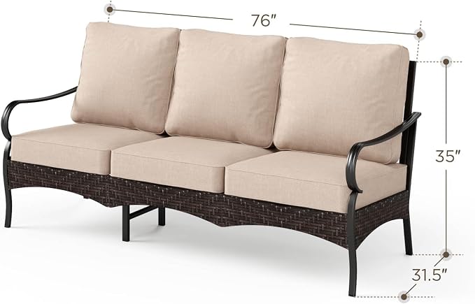 PHI VILLA Wicker & Metal Outdoor Patio Couch,3-Seat Patio Sofa with Deep Seating for Front Porch, Deck, Balcony, Backyard, Sunroom，Beige