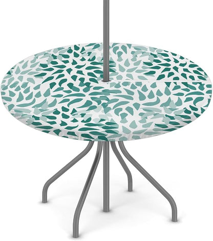 Fitted Round Tablecloth with Umbrella Hole and Zipper Abstract Nature Outdoor Elastic Table Cloth 45"-56" Oil-Proof Waterproof Green Nature Patio Table Cover for Picnic Party