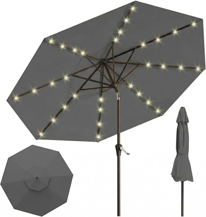 10FT Solar Lighted Patio Umbrella, Outdoor Table Market Umbrellas with Push Button Tilt and Crank, 32 LED Lights, 8 Sturdy Ribs, UV-Resistant for Deck, Garden, Pool