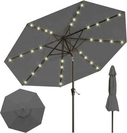 10FT Solar Lighted Patio Umbrella, Outdoor Table Market Umbrellas with Push Button Tilt and Crank, 32 LED Lights, 8 Sturdy Ribs, UV-Resistant for Deck, Garden, Pool