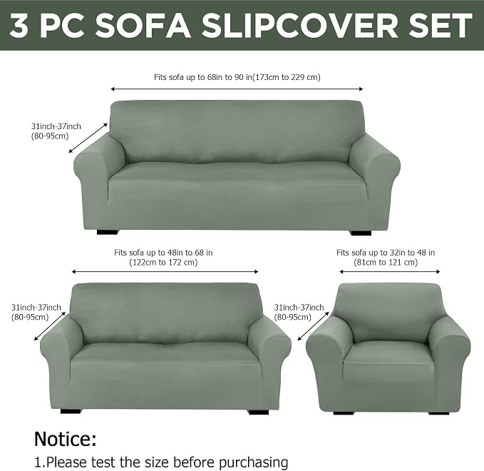 Peryiter 3 Pcs Couch and Loveseat Sofa Covers,Sage Green,Milk Silk | Armchair Covers for Living Room, Sofa Cushion Slipcover, Furniture Protector, Polyester and Spandex, Washable