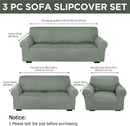 Peryiter 3 Pcs Couch and Loveseat Sofa Covers,Sage Green,Milk Silk | Armchair Covers for Living Room, Sofa Cushion Slipcover, Furniture Protector, Polyester and Spandex, Washable