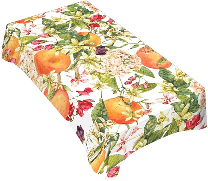 TKS MITLAN Tablecloth Orange Tree Table Cloth Rectangle Table 60 x 84 Inch Watercolor Flower Bloom Leaves Fresh Fruit Harvest Lively Bright Summer Kitchen Decorations for Home Dinner Party