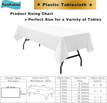3-Pack Premium Plastic White Tablecloth Disposable 54" x 108" Rectangle Table Cover Party PEVA Table Cloths for Parties Birthday Wedding Engagement Banquet Fits up to 8 ft Long Tables