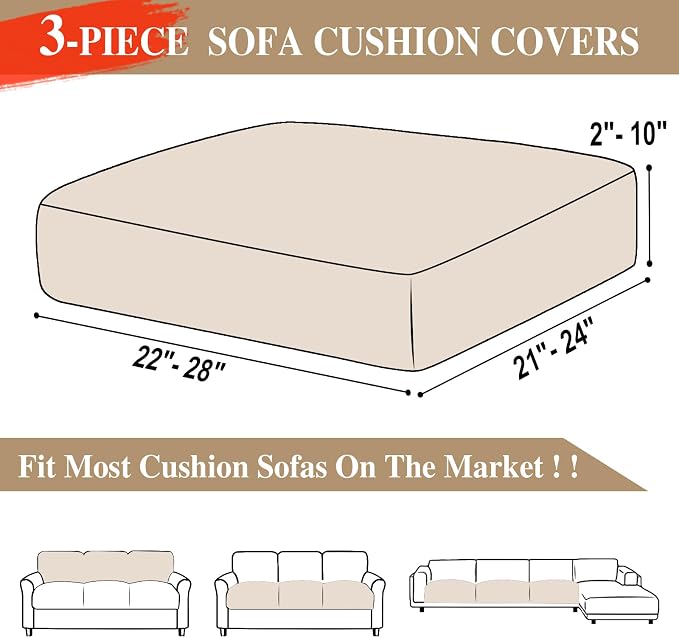 LA MEACK Couch Cushion Covers Seat Cushion Cover Stretch Couch Cover Separate Sectional Sofa Slipcovers Furniture Protector(3 Pieces for Seat or Sofa Backrest, Natural)