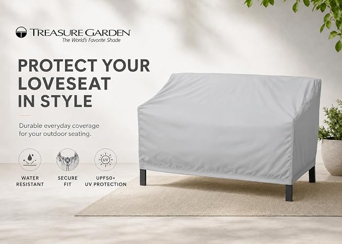 Treasure Garden Loveseat Cover, 300D Polyester Outdoor Deep Seating Sofa Cover, Water Resistant, UPF50+ UV Protection, Elastic Hem, Spring Cinch Lock, Built-In Pouch & Storage Bag, Gray