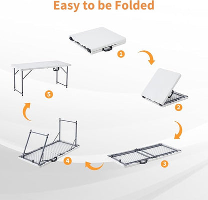 BOOSDEN 4 Foot Folding Table, Portable Rectangle Card Table, Indoor Outdoor Plastic Fold-in-Half Utility Table with Carrying Handle, Adjustable Height Foldable Tables for Picnic,Party,Camping,Office