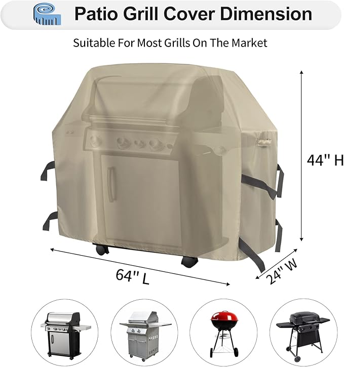 OutdoorLines Waterproof Heavy Duty BBQ Grill Cover - Universal Barbecue Grill Covers UV Resistant Barbeque Gas Grill Cover for Outdoor Outside Grill, 64L x 24W x 44H Inch, Camel