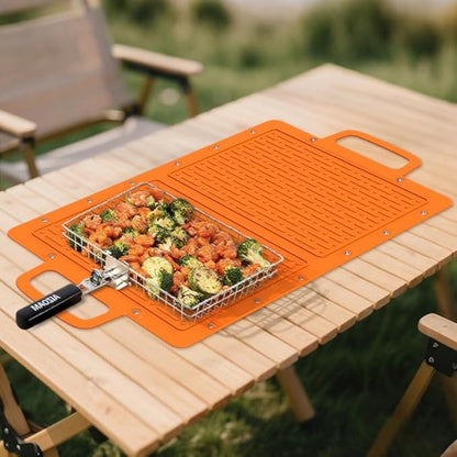 Large Silicone Grill Mat, Heat Resistant Non-Slip BBQ Mat, Foldable Grill Side Shelf Pad with Snap Buttons, Food-Grade, Convertible Storage Bag for BBQ Utensils & Accessories, Orange