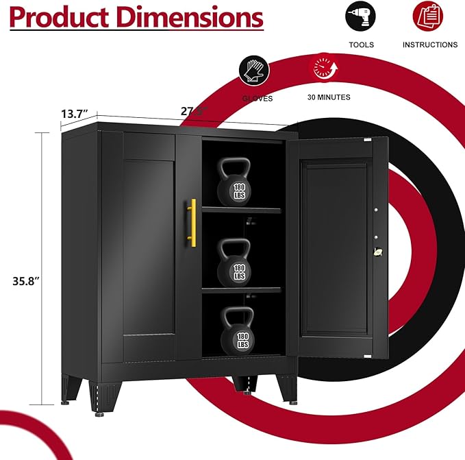 Black Metal Storage Cabinet, 36" Steel Locker Cabinets for Home Office, Locking Storage with Doors and 2 Adjustable Shelves, Utility Cabinet, for Office, Home, Garage, School