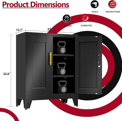 Black Metal Storage Cabinet, 36" Steel Locker Cabinets for Home Office, Locking Storage with Doors and 2 Adjustable Shelves, Utility Cabinet, for Office, Home, Garage, School