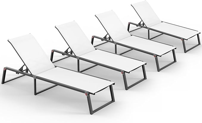 Aluminum Chaise Lounge Chair Outdoor, Foldable& No Assembly Patio Pool Lounge Chairs 5-Position Recliner for Outside, Fully Grounded Legs Sun Lounger for Poolside, 4 Packs, Bright White
