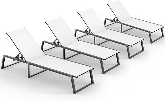 Aluminum Chaise Lounge Chair Outdoor, Foldable& No Assembly Patio Pool Lounge Chairs 5-Position Recliner for Outside, Fully Grounded Legs Sun Lounger for Poolside, 4 Packs, Bright White