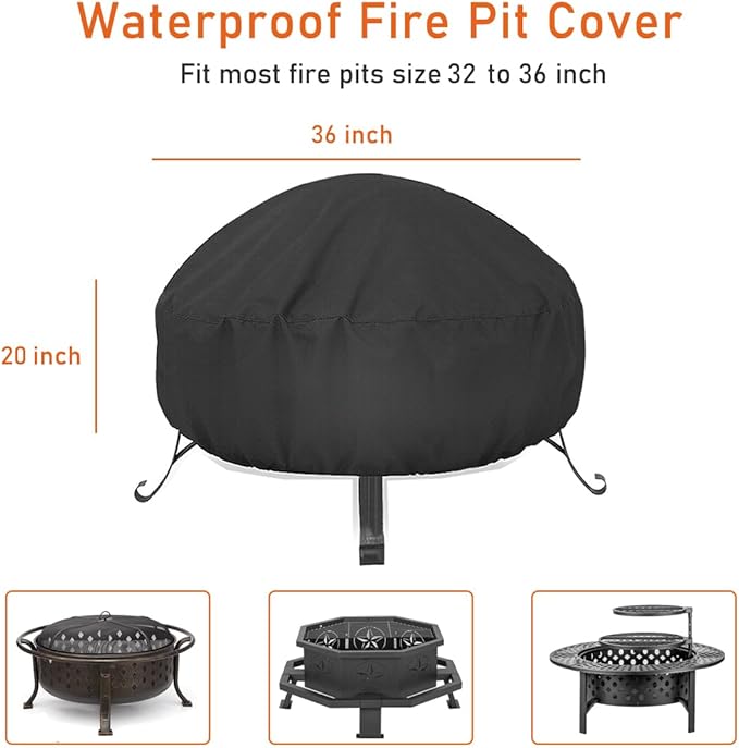 LBTING Fire Pit Cover, 36 inch Cover for 33-36 inch Round Firepit, Waterproof Windproof Dustproof UV-Resistant Heavy Duty Cover for Outdoor Patio Firepit Table - Black