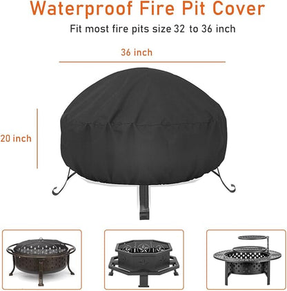 LBTING Fire Pit Cover, 36 inch Cover for 33-36 inch Round Firepit, Waterproof Windproof Dustproof UV-Resistant Heavy Duty Cover for Outdoor Patio Firepit Table - Black