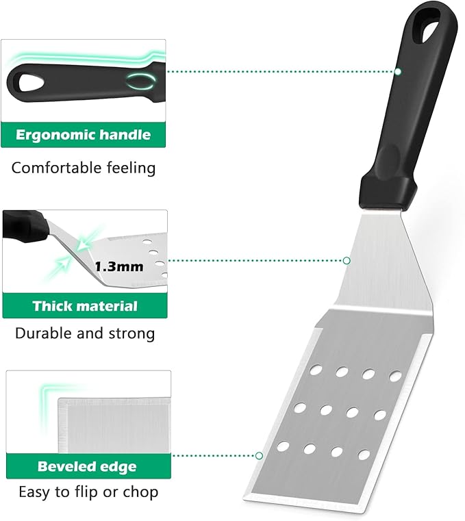 Metal Spatula Set of 2, HaSteeL 11.8 x 2.8In Stainless Steel Perforated Spatula & Solid Turner Flipper, Flat Top Griddle Teppanyaki Hibachi Tools for Barbecue Camping, Plastic Handle & Easy to Clean