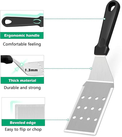 Metal Spatula Set of 2, HaSteeL 11.8 x 2.8In Stainless Steel Perforated Spatula & Solid Turner Flipper, Flat Top Griddle Teppanyaki Hibachi Tools for Barbecue Camping, Plastic Handle & Easy to Clean