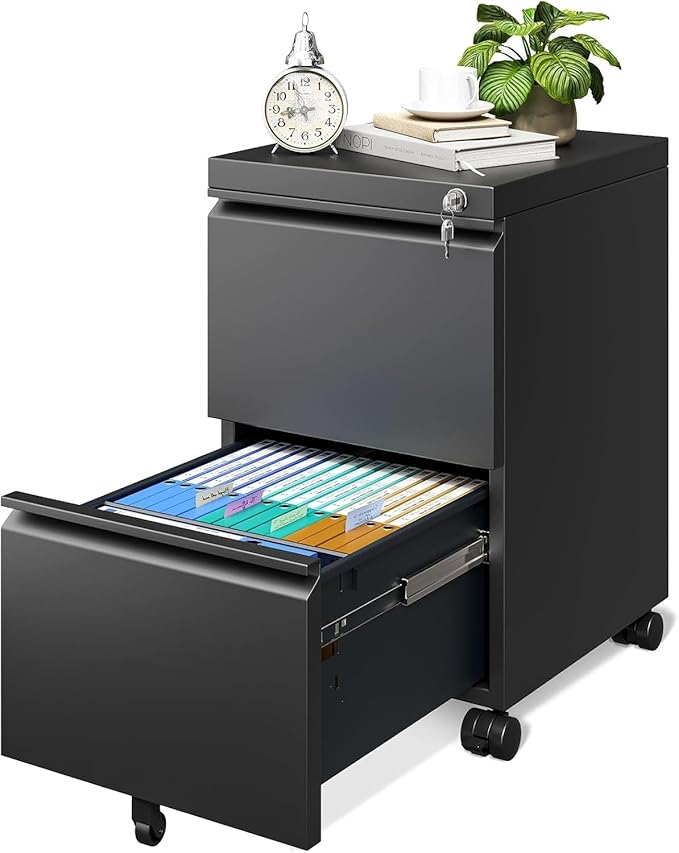 Approgreent 2 Drawer Metal File Cabinet, Fully Assembled Locking Filing Cabinet with Anti-Tipping Wheels, Quiet Slide, Heavy-Duty Steel Construction, Fits A4 Letter Legal for Home Office, Matte Black