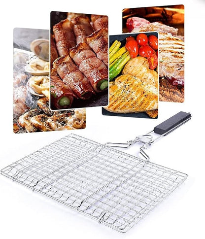 Foldable Grill Basket,Portable Stainless Steel BBQ Barbecue Grilling Basket,With Removable Handle,For Vegetables,Steak,Fish,Shrimpand Whether At Home or OutdoorsBBQ,It Is A Very Practical Barbecue