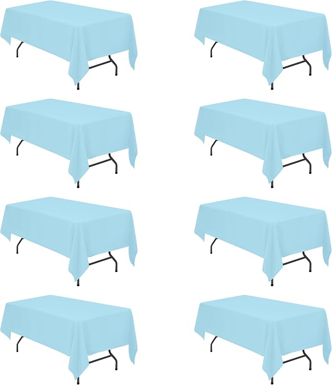 BRILLMAX 8 Pack Light Blue Tablecloths 60x102 Inch for 6ft Rectangle Tables | 150 GSM Polyester Fabric, 15" Standard Drop, Water, Stain & Wrinkle Resistant Cloth Cover for Wedding Reception Banquet Party