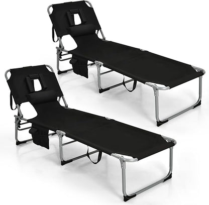 Goplus Tanning Chair, Folding Adjustable Patio Lounge Chair with Face Hole, Removable Pillow, 330LBS, Carry Strap, Outdoor Sunbathing Chair, Lightweight Portable Beach Lounge Chair, No Assembly