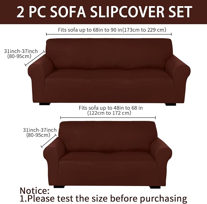 Peryiter 2 Pcs Couch and Loveseat Sofa Covers,Brown,Milk Silk | Armchair Covers for Living Room, Sofa Cushion Slipcover 2/3 Seater, Furniture Protector, Polyester and Spandex, Washable