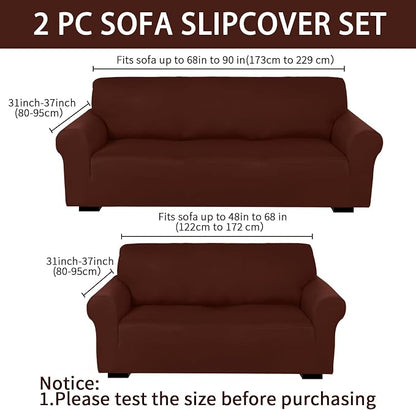 Peryiter 2 Pcs Couch and Loveseat Sofa Covers,Brown,Milk Silk | Armchair Covers for Living Room, Sofa Cushion Slipcover 2/3 Seater, Furniture Protector, Polyester and Spandex, Washable